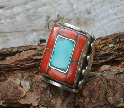 Turquoise and Coral Inlay Ring - sz 8 1/4